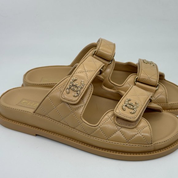 CHANEL 24P 2024 Quilted Leather CC Logo Flat Slide Dad Sandals Shoes Beige - Picture 9 of 16